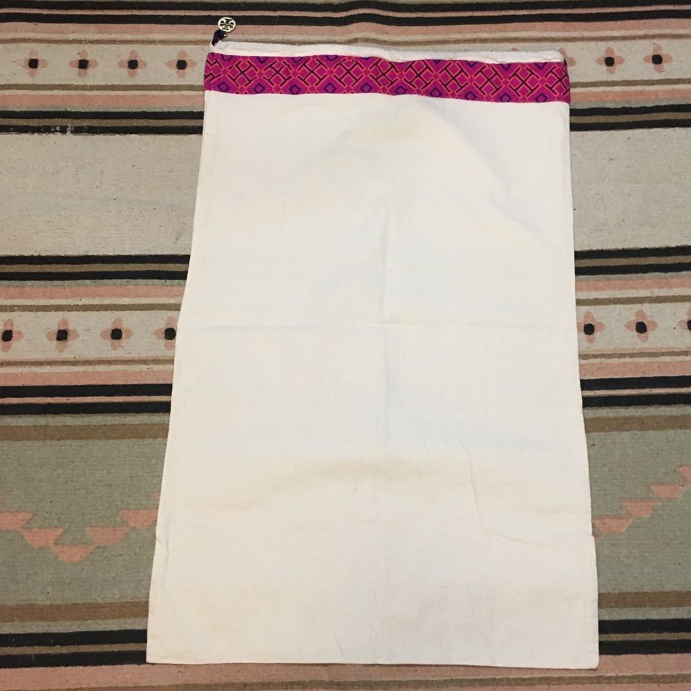 Tory Burch large cream drawstring dustbag pink ribbons trim gold logo charm